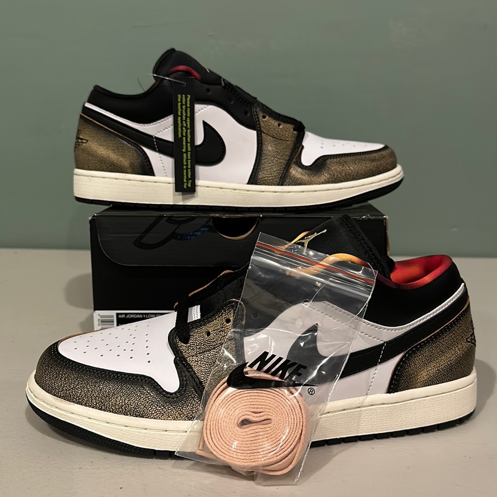 Jordan Low Top Sneakers in White, Black, Metallic Gold